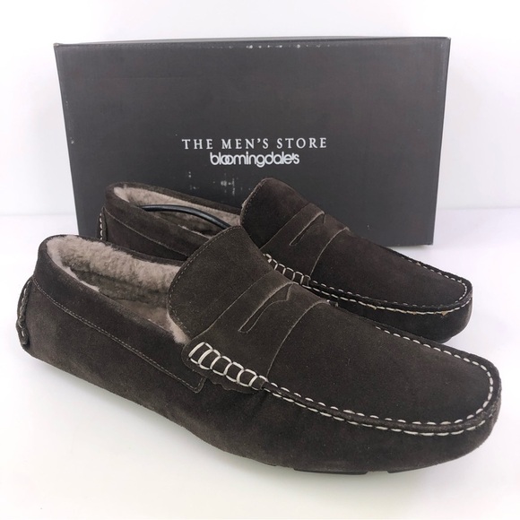 The Men's Store at Bloomingdale's Shearling Moc Toe Slipper Brown Suede Loafers - Picture 1 of 9